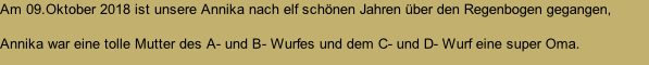 Am 09.Oktober 2018 ist unsere Annika nach elf schönen Jahren über den Regenbogen gegangen,  Annika war eine tolle Mutter des A- und B- Wurfes und dem C- und D- Wurf eine super Oma.